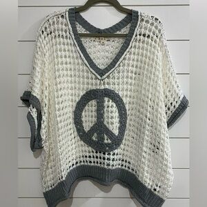 POL Cream and Gray Crochet V-Neck Sweater